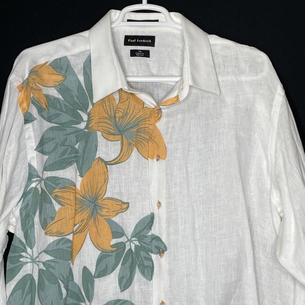 Paul Fredrick Linen Button Shirt Size XXL White Yellow Finest Pure Linen Floral - Picture 2 of 12